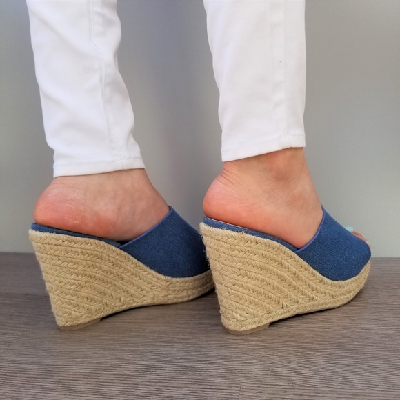 Blue Denim Slip On Espadrille Wedge Sandals-B - Picture 8 of 8